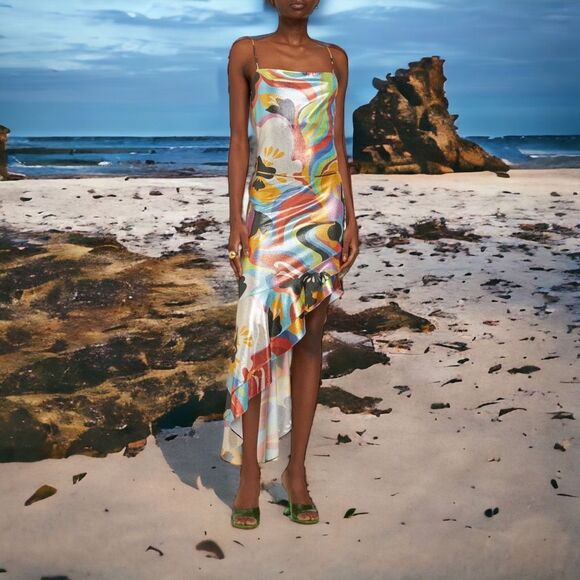 NWOT Etro Asymmetrical Artistic Floral Print Sleeveless Ruffle Dress‎ Size 46/10 - Picture 4 of 13